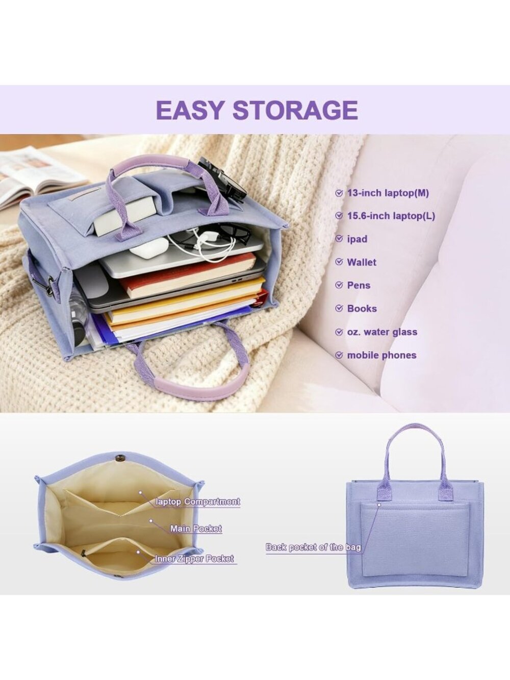 Women Purple Crossbody Tote Bag Pockets Laptop Work Shoulder Bag - Picture 4 of 7